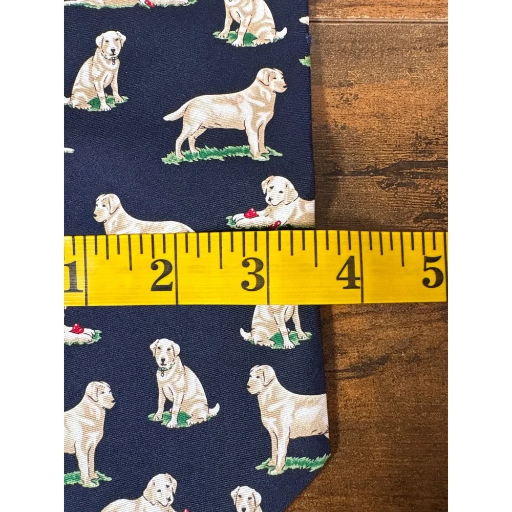 Lederer de Paris Alynn Yellow Labrador Retriever Silk Tie Navy Blue Made in USA